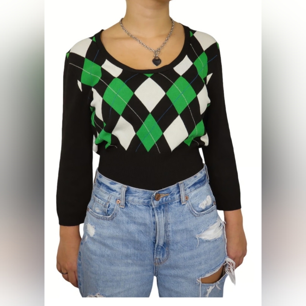 Vintage Nine West Argyle Sweater Green Black White  Size LP